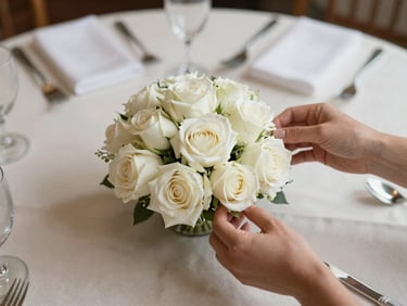 Close-up overhead of hands arranging white rose centerpieces on a round wedding table, cream linens, polished cutlery, soft north-facing daylight, shallow depth of field