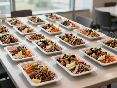 Overhead view of a corporate lunch buffet in a conference facility, clean rectangular platters arranged in precise rows, soft diffused daylight from large windows, no clutter
