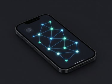 Abstract glowing network nodes on a dark mode smartphone screen, with subtle app store icons integrated into the screen, electric blue and mint green highlights, clean minimalist tech aesthetic.