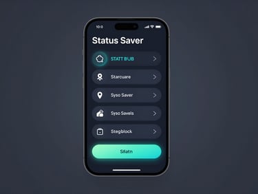 High-fidelity mobile UI mockup showing Status Saver settings, clean vector device frame, cool-toned ambient glows.