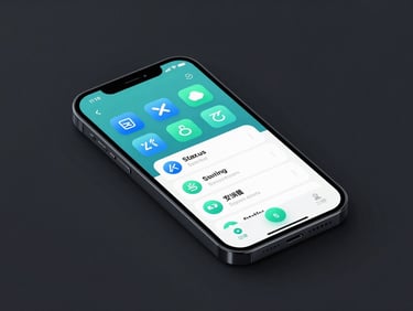 Isometric dark mode smartphone mockup displaying a clean UI for a status saving app, with subtle app store icons integrated into the screen, electric blue and mint green accents, sleek digital 3d render.