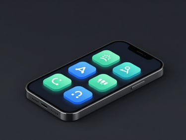 Clean vector device frame showing a minimalist casual game UI, with subtle app store icons integrated into the screen, glowing electric blue and mint green accents, sleek digital 3d render.