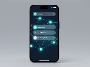 Clean vector device frame displaying a smartphone's app permissions screen, abstract glowing network nodes, subtle neon backlighting.