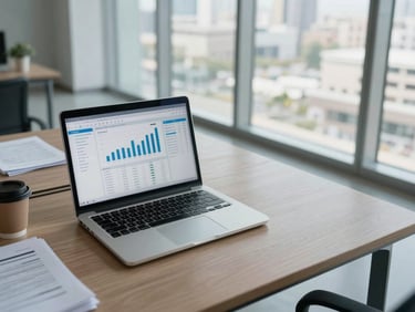 Wide overhead shot of a modern office desk in Riyadh, a laptop open showing a data dashboard with bar charts of job sector statistics, neutral cool daylight through floor-to-ceiling windows, papers and a coffee cup at the left edge, generous empty space to the right