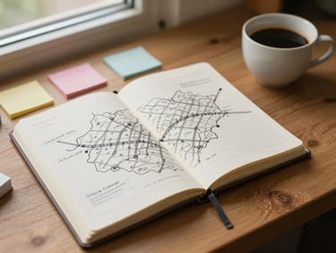 Overhead close-up of a wooden desk surface with an open travel notebook, a hand-drawn map sketch, small sticky notes, and a ceramic coffee cup, natural north-facing window light, warm tones, unhurried