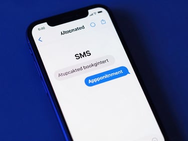 Tight macro shot of a clean mobile interface mockup showing an automated SMS conversation booking an appointment, cool-toned studio lighting with deep blue and electric indigo ambient glows, sharp shadows.