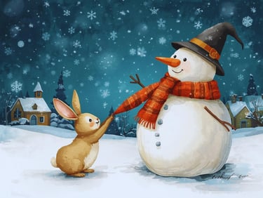Whimsical winter illustration of a cute rabbit pulling a snowman's scarf in a snowy village.
