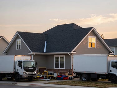 Wide environmental shot of a newly completed asphalt shingle roof on a South Shore residential home at golden hour, truck parked on the street in front, tools packed away, clean ridge cap visible against a pale autumn sky