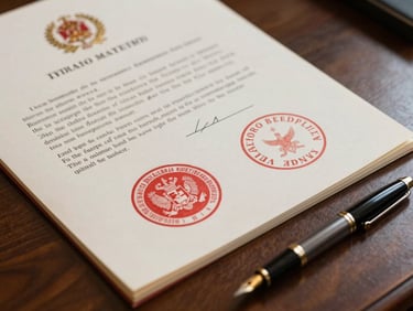 Close-up of official treaty documents with sovereign seals, resting on a dark wood desk next to a classic fountain pen, natural side lighting