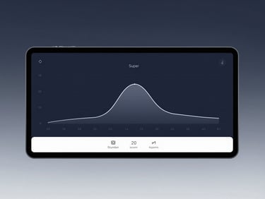 Sleek software product photography showing a clean dashboard with student memory retention curves, dark navy theme, minimalist UI, soft studio light, 50mm lens