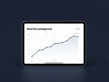 Sleek software product photography showing real-time pedagogical analytics on a tablet screen, dark navy background, minimal tech aesthetic, 50mm lens