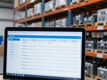 Close-up of a warehouse inventory management system screen showing logistics data, with organized shelves of industrial components in the background, cool industrial lighting, sharp focus