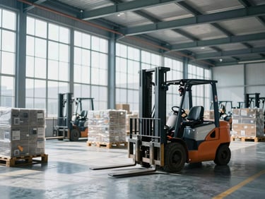 Wide shot of a modern, clean industrial warehouse aisle with forklifts moving pallets of goods, bright daylight streaming from high windows, cool blue tones, sharp focus