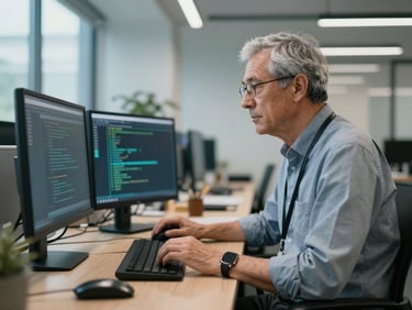 Unposed portrait of a senior network engineer analyzing terminal configurations at a clean desk in a modern UK office, cool daylight.