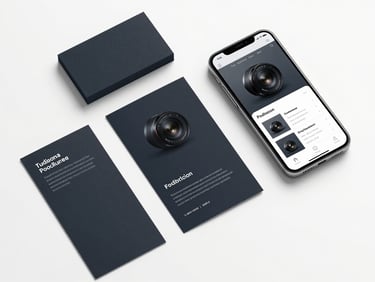 Clean flat-lay arrangement of a business card, a printed brochure panel, and a phone showing a matching website — all in a consistent dark and silver color scheme, studio lighting, white surface, precise overhead framing