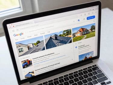 Close-up overhead shot of a laptop showing a Google Maps local search results page with a roofing company ranking in the top three, clean desk surface, natural daylight from a side window, sharp focus on the screen