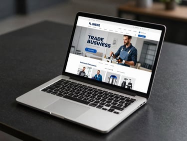 Wide-angle view of a modern trade business website displayed on a laptop, flat lay on a clean dark desk, professional studio lighting, screen showing a plumbing company homepage with bold headline and call button, no glare
