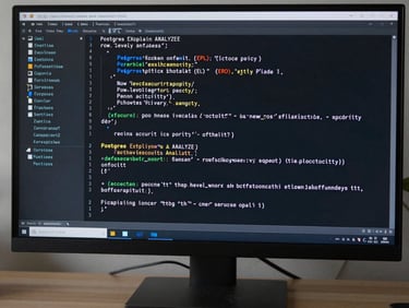 Tight crop of a terminal window showing a Postgres EXPLAIN ANALYZE output with row-level security policy annotations visible, dark terminal background, code in monospace clearly legible, workspace desk edge visible at bottom