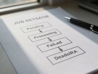 Close-up of printed documentation showing a job retry state diagram with arrows between Pending, Processing, Failed, and Dead Letter states, laid flat on a desk under soft natural window light, a pen resting alongside, no people