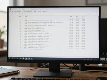 Wide shot of a monitor showing an API request log with HTTP status codes and retry timestamps in a table, monospace font, workspace context visible — keyboard and notebook at edges, natural daylight from left, no people