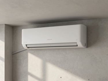 A minimalist concrete wall with an integrated matte-finish air conditioning unit, soft natural window light casting subtle architectural shadows, 35mm photography
