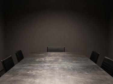 Minimalist interior of a modern boardroom with a brushed steel table under focused soft lighting, empty chairs