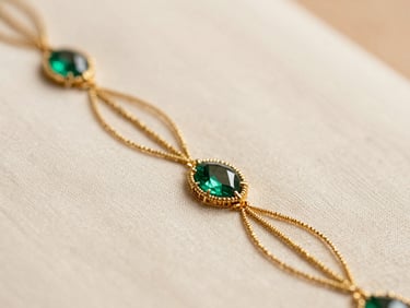 Macro close-up of delicate gold threadwork and emerald embroidery on cream fabric, highlighting the luxurious weave and meticulous hand-craftsmanship.