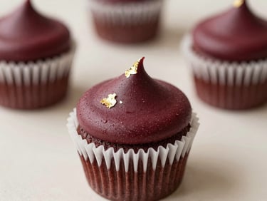 Elegant editorial food photography of a minimalist custom cupcake with textured burgundy ganache and delicate gold leaf, soft natural daylight, shallow depth of field, neutral background