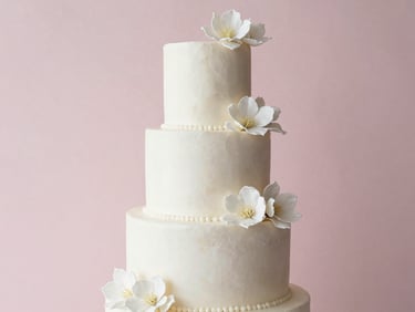 Editorial portrait of a three-tiered minimalist wedding cake with delicate white sugar flowers, soft pastel pink background, professional food styling, 85mm lens