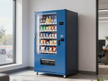 A compact combination snack and drink vending machine in a clean, modern corporate office breakroom, natural light.