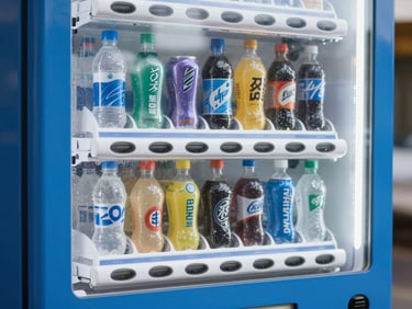 A row of chilled energy drinks and sodas inside a vending machine, condensation on the glass, bright crisp lighting.