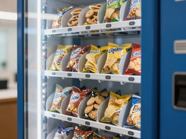 Close-up of a modern vending machine snack row, neatly organized chips and cookies behind clean glass, bright breakroom lighting.