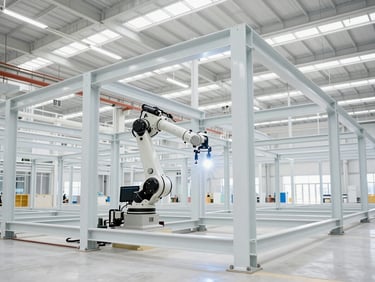 A robotic arm welding structural steel frames inside a brightly lit, clean Katerra manufacturing facility.