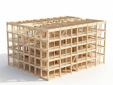 A high-tech 3D CAD model of a multi-story mass timber building, showing precise structural framing and integrated utility pathways in crisp detail.