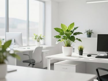 Bright sunlit office interior in Holladay Utah, clean minimalist design with white desks, large windows with soft morning light, fresh green plants, high-key lifestyle photography