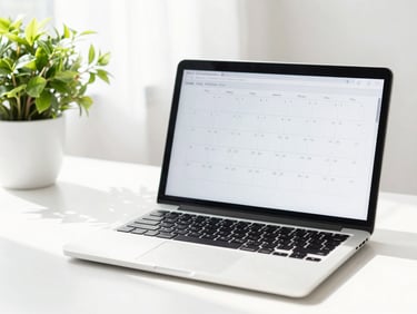 Bright sunlit workspace, crisp daylight, a modern laptop showing clean calendar blocks, a green plant beside it, high-key minimalist aesthetic