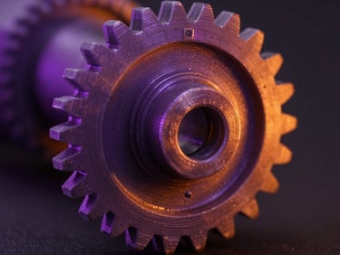 Macro close-up of a 3D printed mechanical gear reflecting violet and orange studio rim lights, high-contrast studio setting