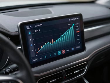 Sleek modern dashboard showing rising social analytics charts framed inside a dark smartphone screen, high-tech interface