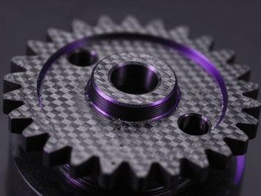 Macro photography of a mechanical carbon-fiber 3D printed gear, showing flawless layer lines, dramatic violet rim lighting, dark background