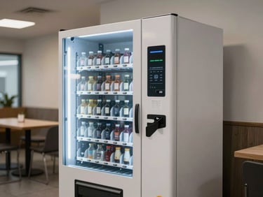 A clean, modern vending machine dispensing area in a corporate cafeteria, soft overhead light, minimalist composition