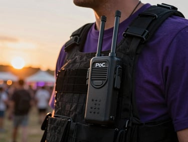 Close-up of a sleek black PoC radio clipped to a tactical vest of an event coordinator at a vibrant outdoor festival with warm sunset lighting.
