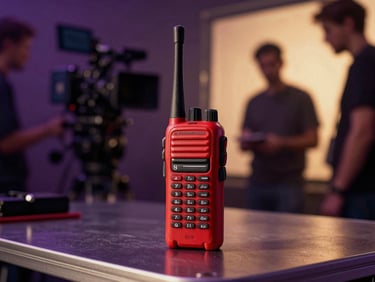 Close-up of a professional red analog walkie-talkie sitting on a production table on an active film set, soft background blur showing cameras and crew under dramatic warm lighting.