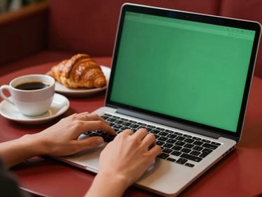 Hands editing food photos on a laptop screen, a cup of coffee and a fresh croissant beside, warm low-key interior lighting, rich crimson and forest green tones, shallow depth of field.