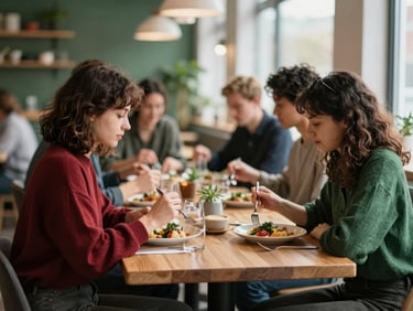 Cozy Scandinavian-style restaurant interior, blurred background, with a focus on a small group of friends enjoying a meal at a wooden table, natural dining moments, diffused daylight, rich crimson and forest green tones, shallow depth of field.