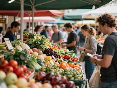 Bustling modern food market scene, diverse stalls with fresh produce and artisanal goods, people interacting, warm natural light, medium environmental shot.