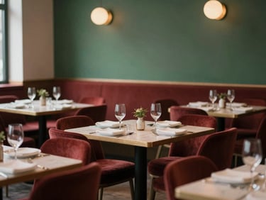 Cozy Scandinavian restaurant interior, soft warm lighting, empty tables set for dinner, elegant and inviting atmosphere, shallow depth of field.