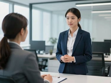 Professional HR recruiter conducting an interview in a sleek corporate office, focus on confident body language, bright office lighting, cool blue tones