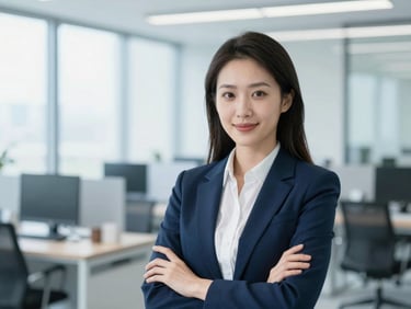 Professional corporate headshot of a confident female HR executive, bright office lighting, cool blue tones.