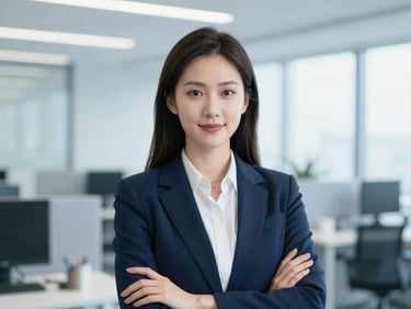 Professional corporate headshot of a confident female HR executive, bright office lighting, cool blue tones.