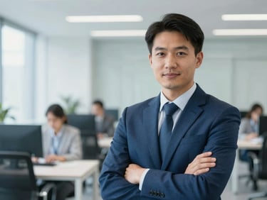 Professional corporate headshot of a confident male HR executive, bright office lighting, cool blue tones.